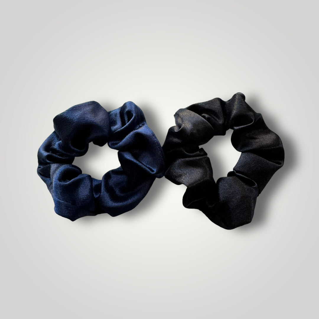 2 satin scrunchies. Colors: Navy Blue & Black.