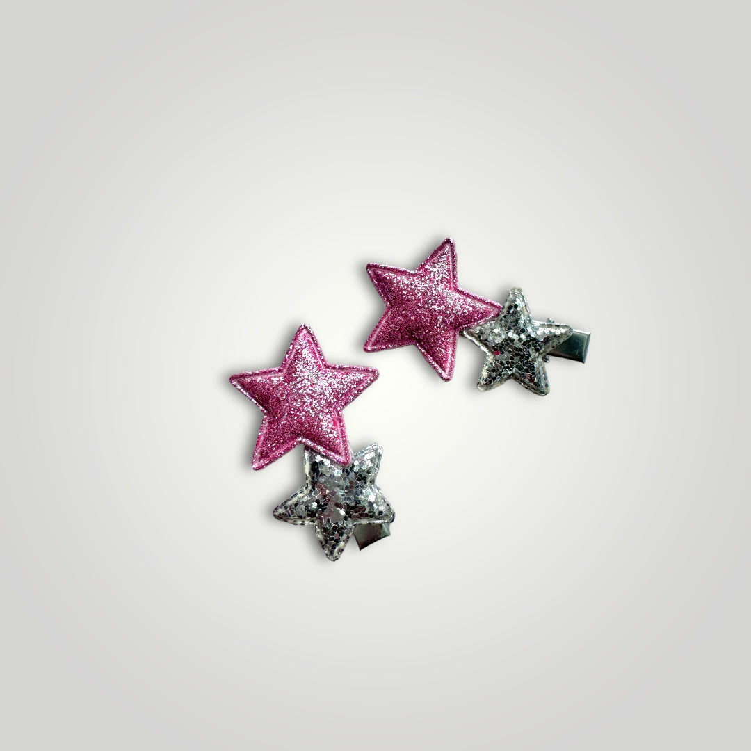 Pair of glittery starts with clip, colors: Silver and Pink.