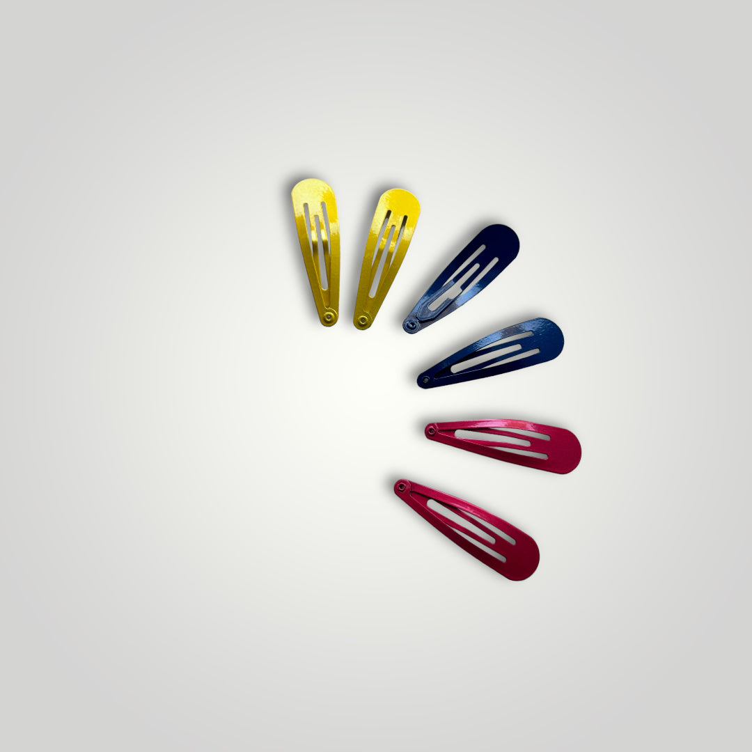 6 units of metallic snap clips. Colors: Yellow, Blue and Red.