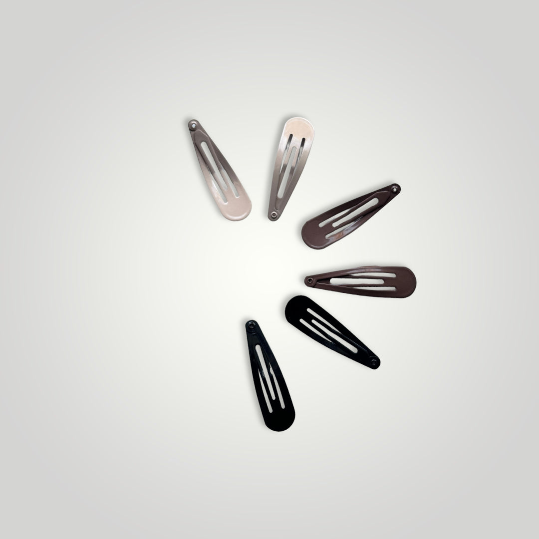 6 units of metallic snap clips. Colors: Beige, Brown and Black.