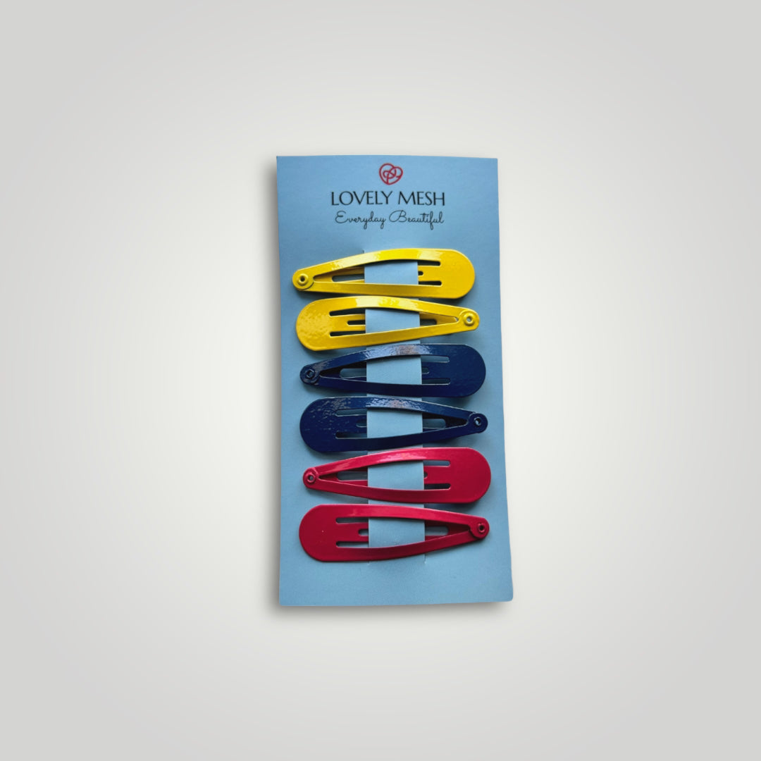 6 units of metallic snap clips. Colors: Yellow, Blue and Red.