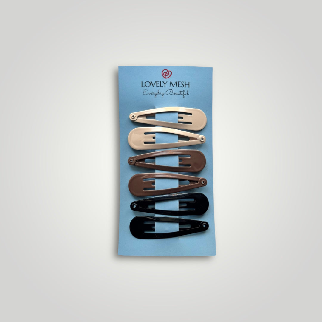6 units of metallic snap clips. Colors: Beige, Brown and Black.