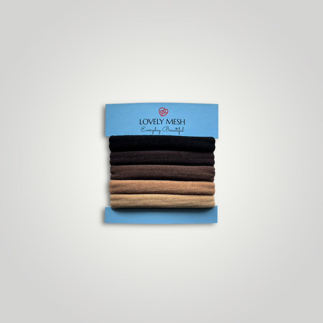 5 units of soft hair ties, 5cm diameter. Colors: Black to Beige.