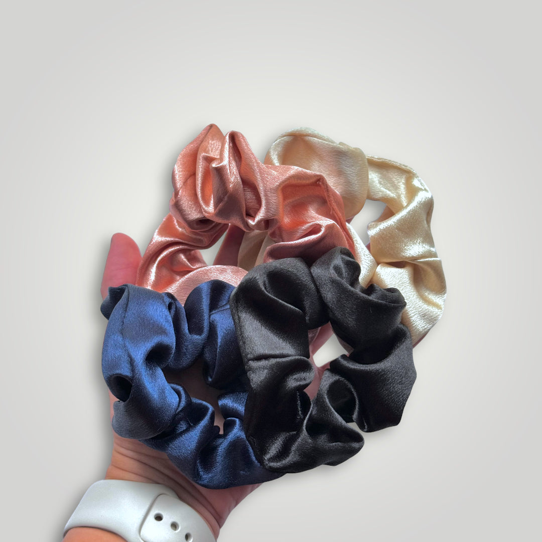 2 satin scrunchies. Colors: Navy Blue & Black.
